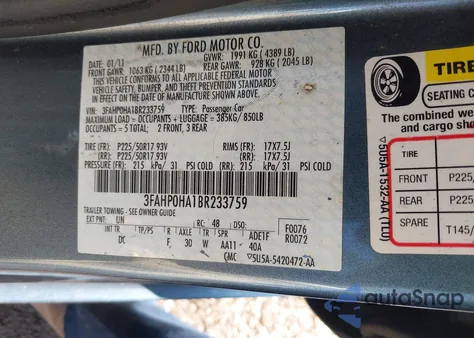 2011 Ford Fusion Se из США, поврежденный, VIN 3FAHP0HA1BR233759